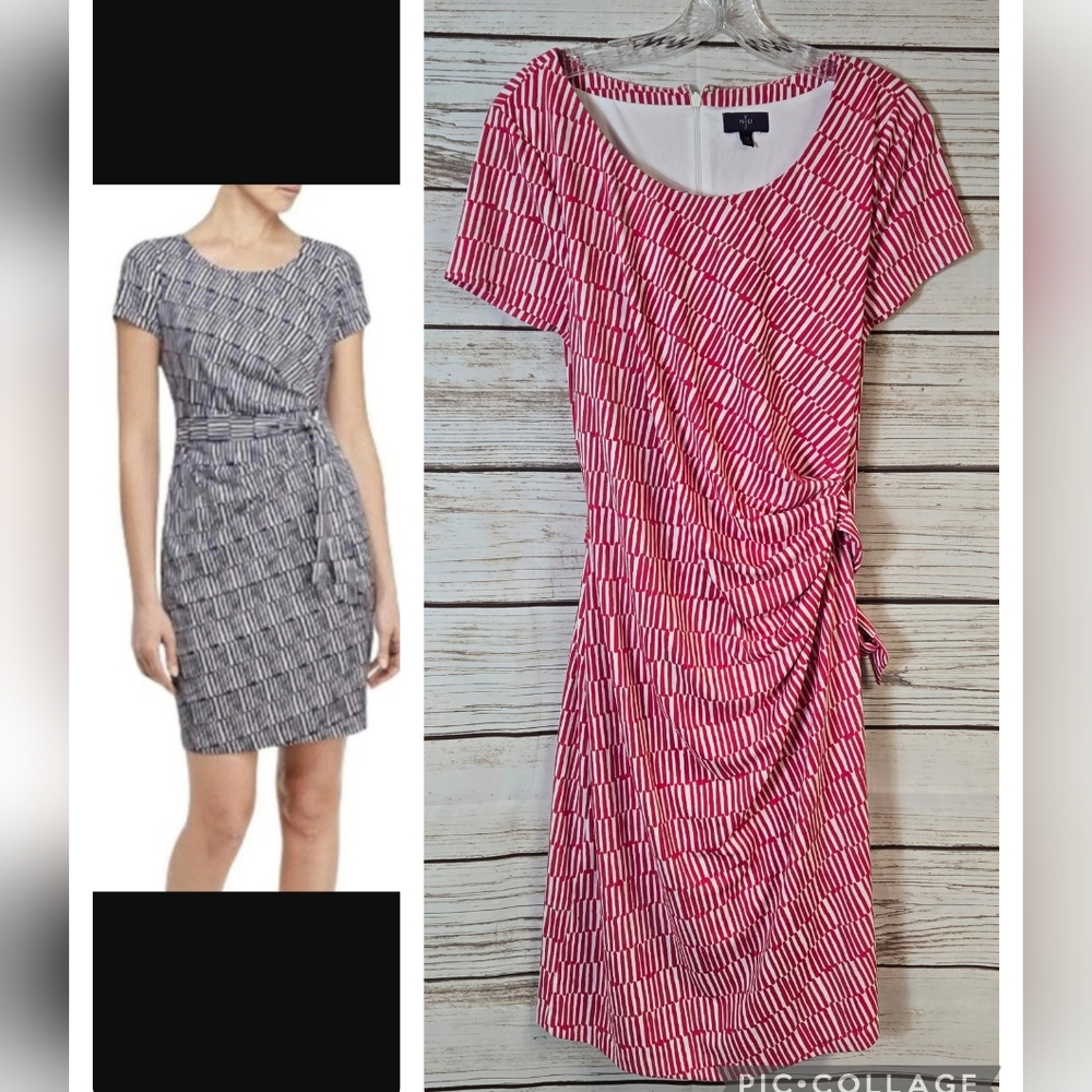 NYDJ Veronica Ruched Tie Waist Dress Size 14 Pink/White